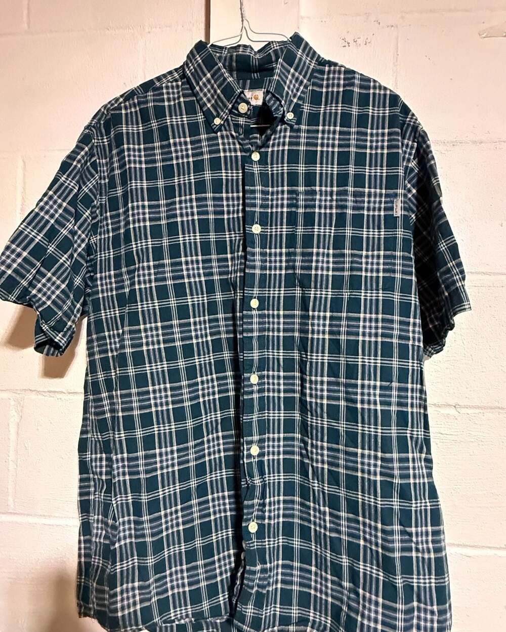 Carhartt Short Sleeve Button Down Plaid Shirt Men's Size Large Green Blue